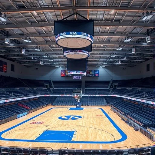 A high-resolution, macro shot of a sleek, dark, brushed metal surface with fine, intricate laser-etched circuits glowing with a faint electric blue light. The image should convey precision, high-tech engineering, and performance. The texture should be highly detailed, suggesting advanced materials used in the arena's construction. Focus on clean lines and subtle reflections.